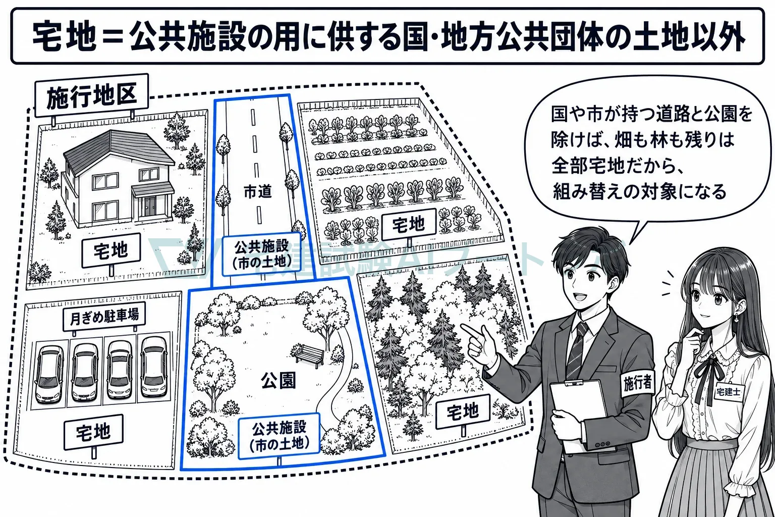 施行地区の土地は、公共施設か宅地かのどちらか。畑も宅地。