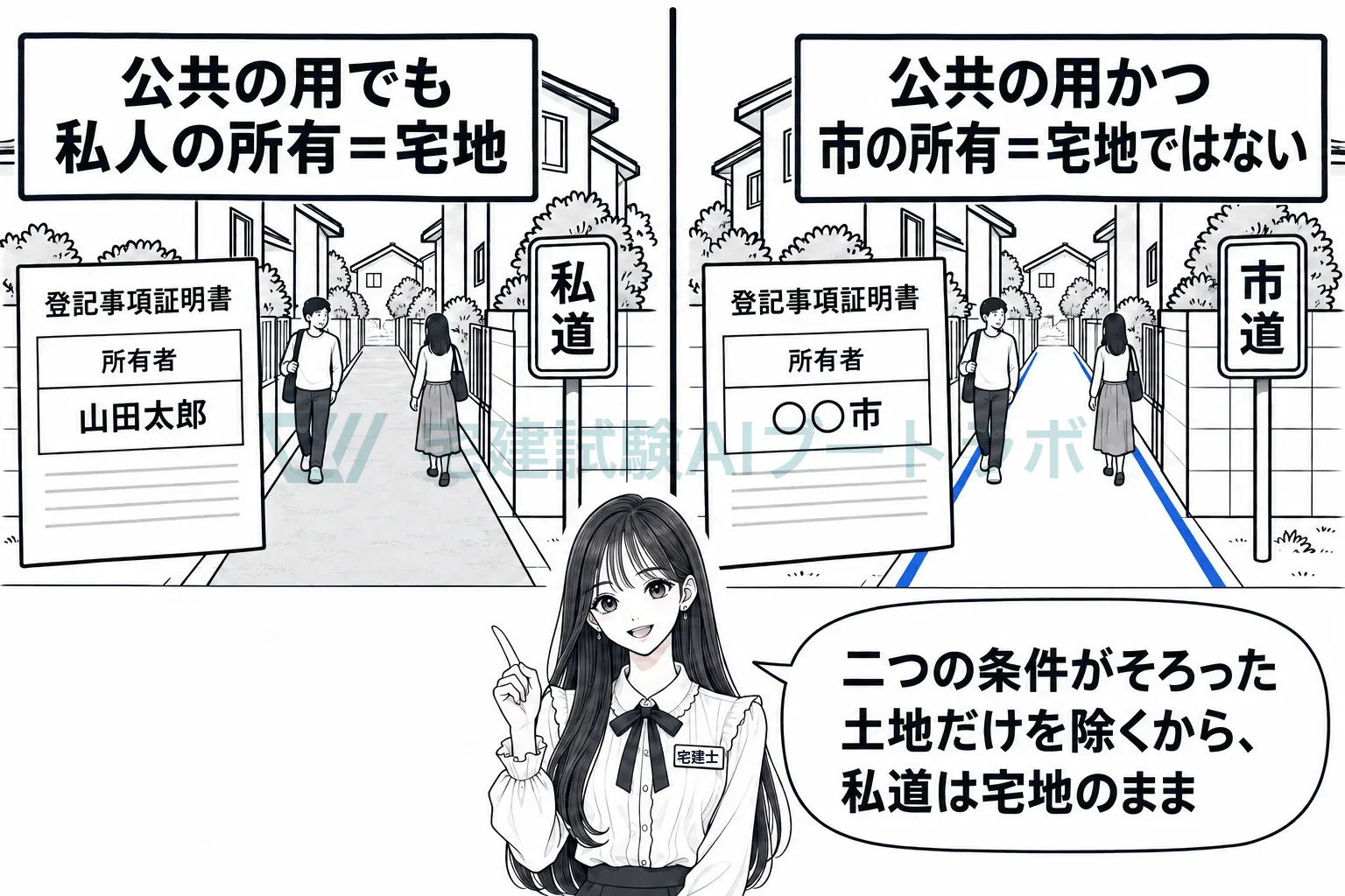 私道は私人の土地だから宅地。市道は市の土地だから宅地ではない。