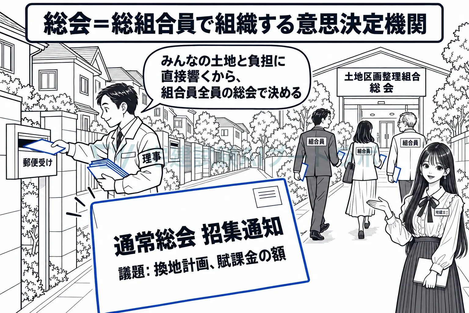 組合員全員に招集通知が届き、土地と負担に響くことは総会で決める。