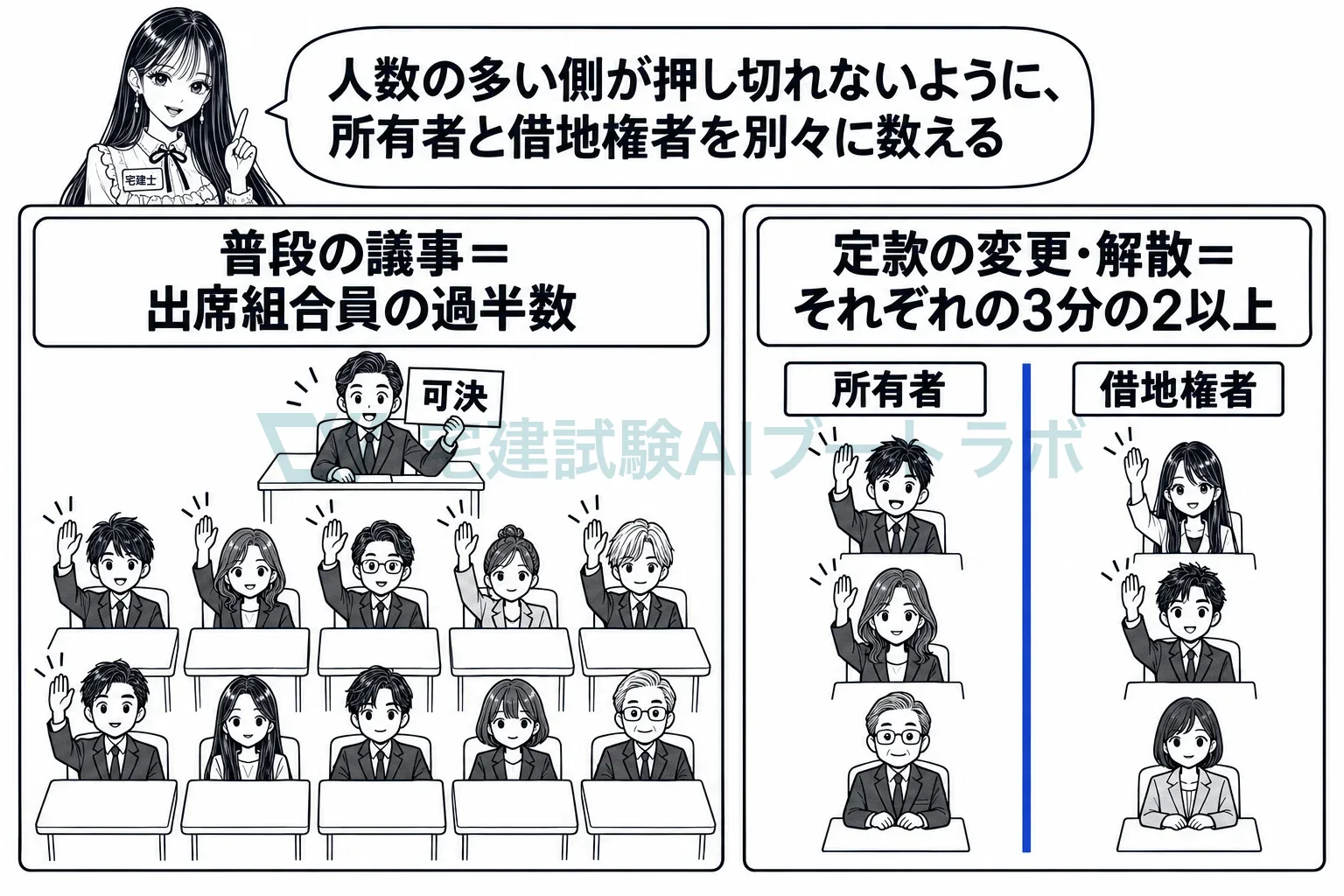 普段の議事は出席組合員の過半数、定款の変更や解散は所有者と借地権者それぞれの3分の2以上。