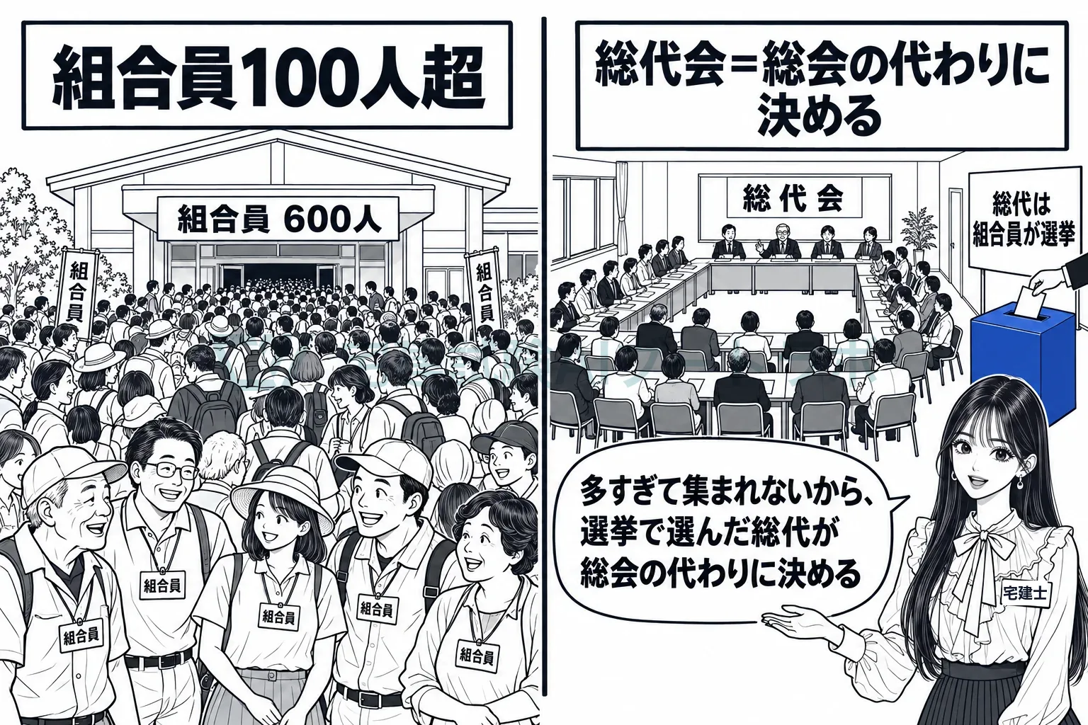組合員が多すぎて集まれない組合は、選挙で選んだ総代が総会の代わりに決める。