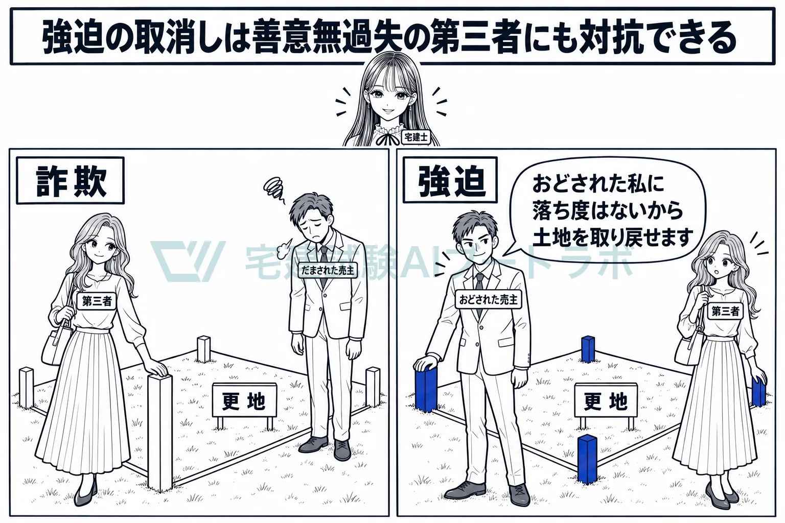 詐欺では第三者が守られ、強迫ではおどされた人が守られる。