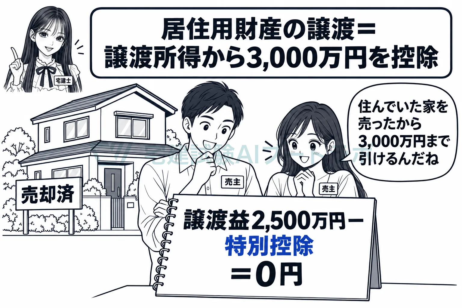 自宅を売った譲渡益から、3,000万円までを控除する。