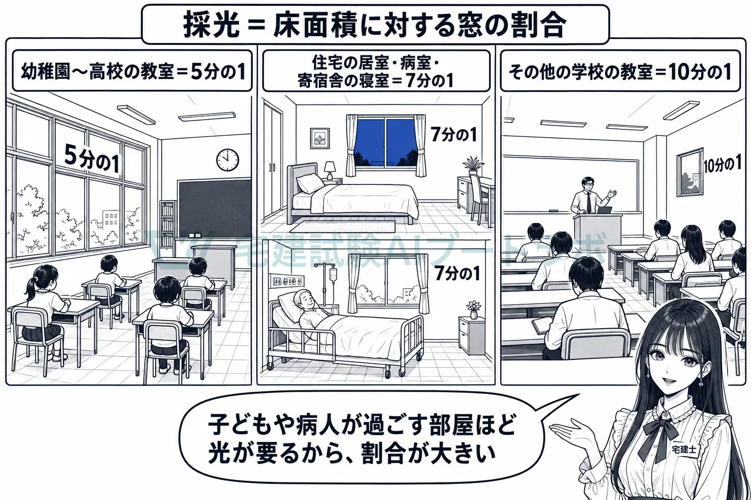 教室は5分の1、住宅の居室と病室は7分の1、大学の教室は10分の1。