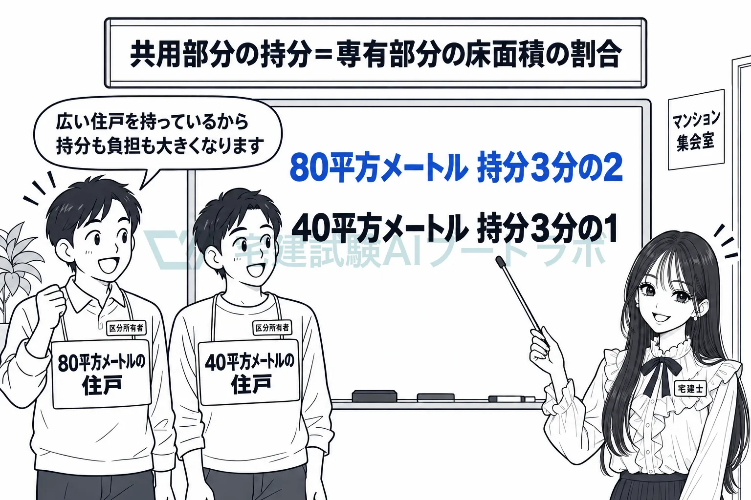 共用部分の持分は、人数で等分ではなく専有部分の床面積の割合による。