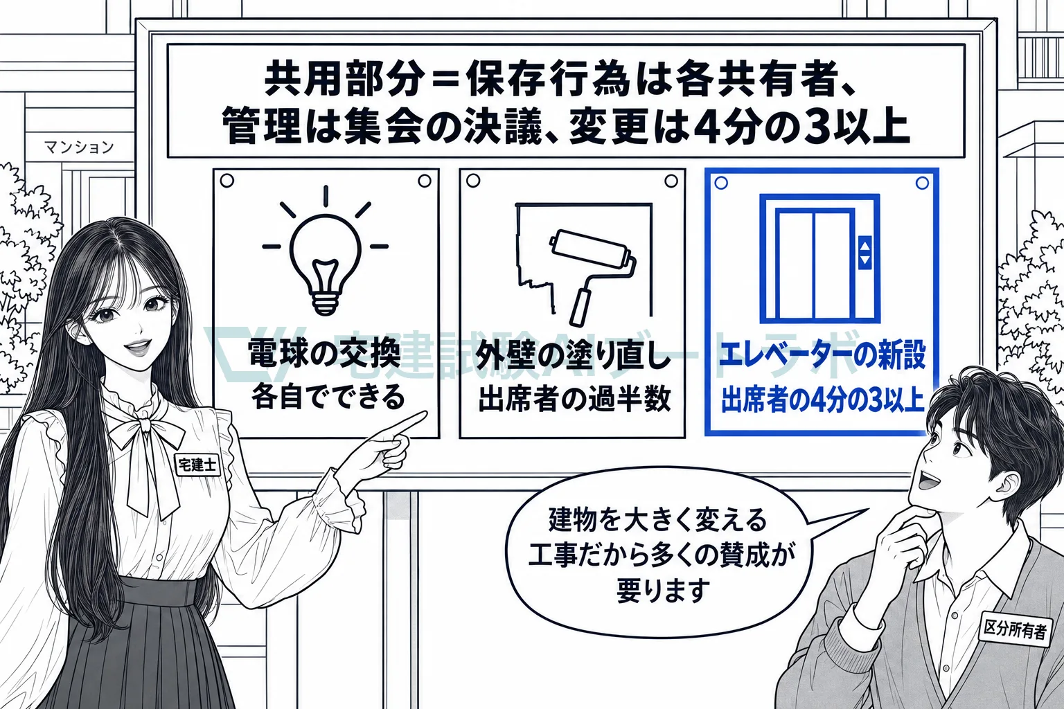 保存行為は一人で、管理は出席者の過半数で、大きな変更は4分の3以上で決める。