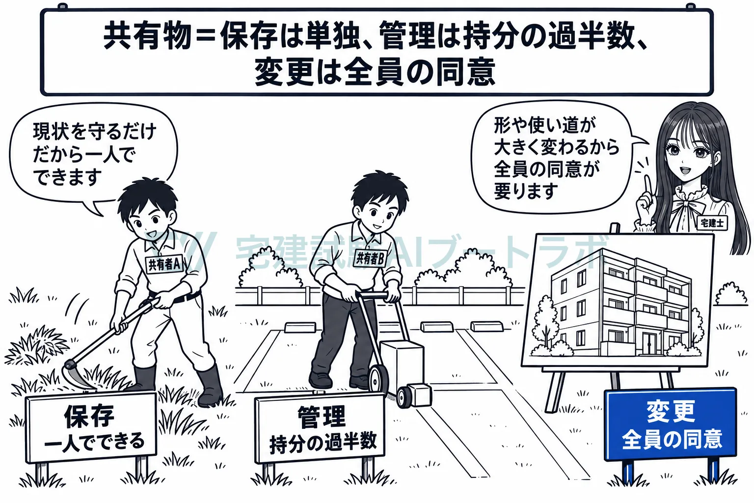 保存は一人で、管理は持分の過半数で、重い変更は全員で決める。