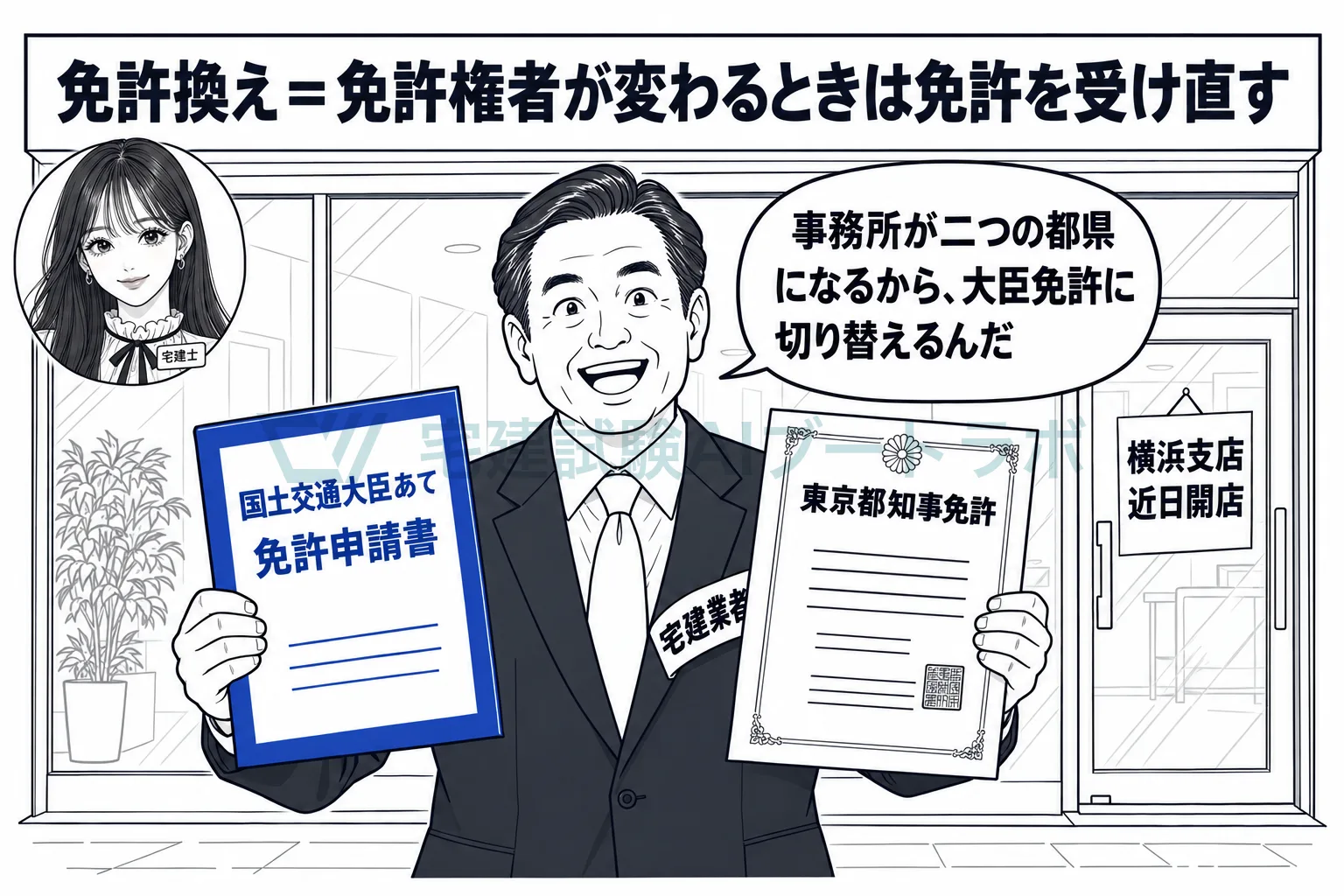 事務所が二つの都県にまたがったら、知事免許から大臣免許へ切り替える。