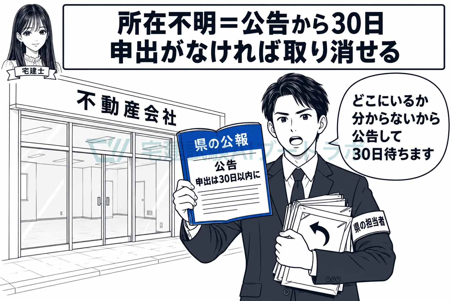 事務所の所在が分からない業者は、公告して30日待ってから取り消せる。