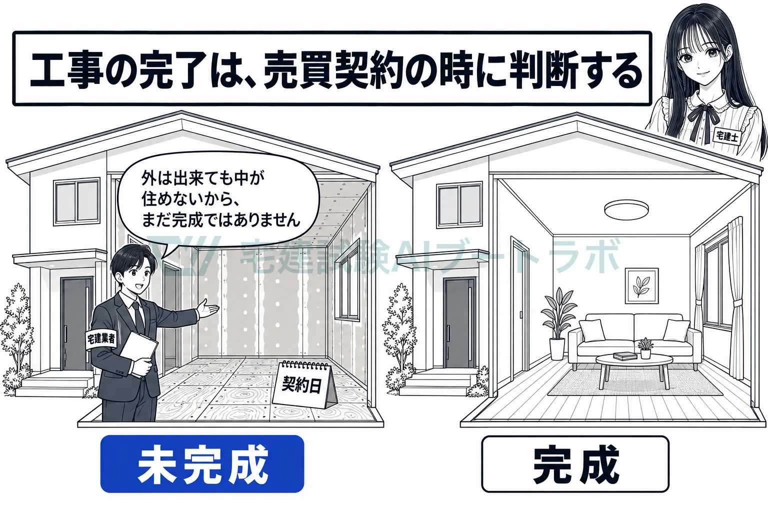 完成かどうかは契約の日に見て、内装まで終わって住める状態が完成。