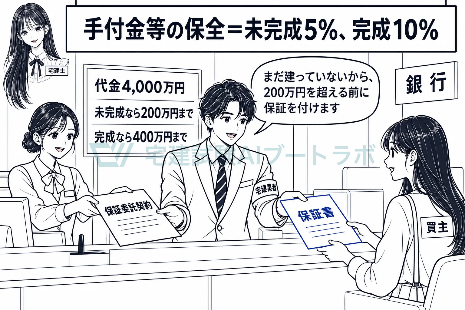 未完成は代金の5%、完成は10%を超えると保全が要る。