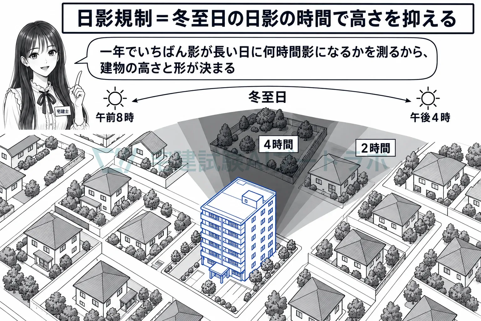 冬至日の朝8時から夕方4時まで、周りの土地が影になる時間を測る。