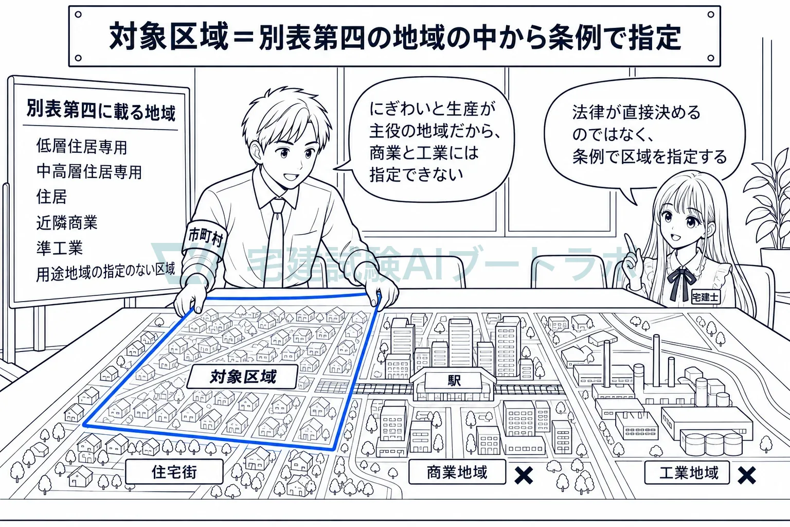 別表第四の地域の中から条例で指定する。商業・工業・工業専用地域は指定できない。