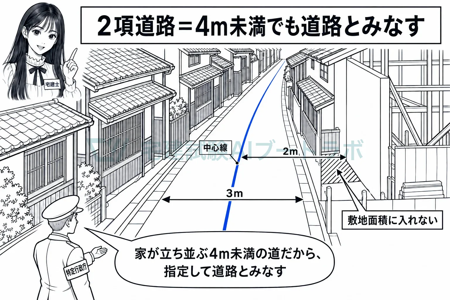 4m未満の路地でも道路とみなし、中心線から2mまで下がる。