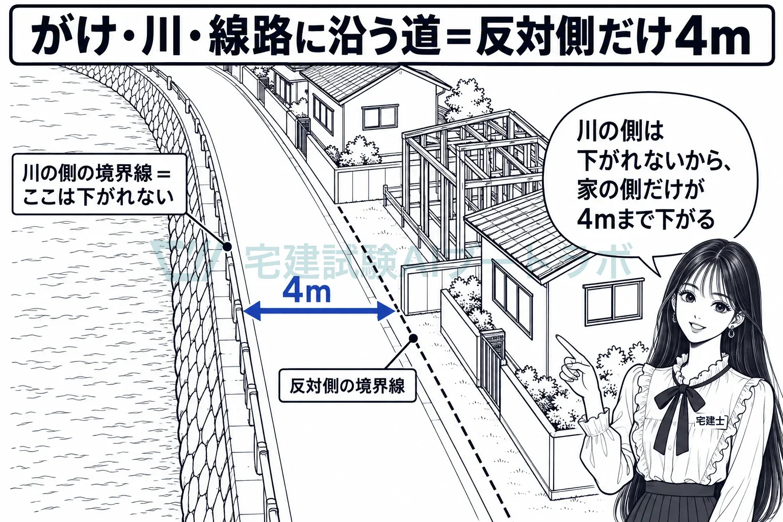 川の側は下がれないから、反対側だけが4mまで下がる。