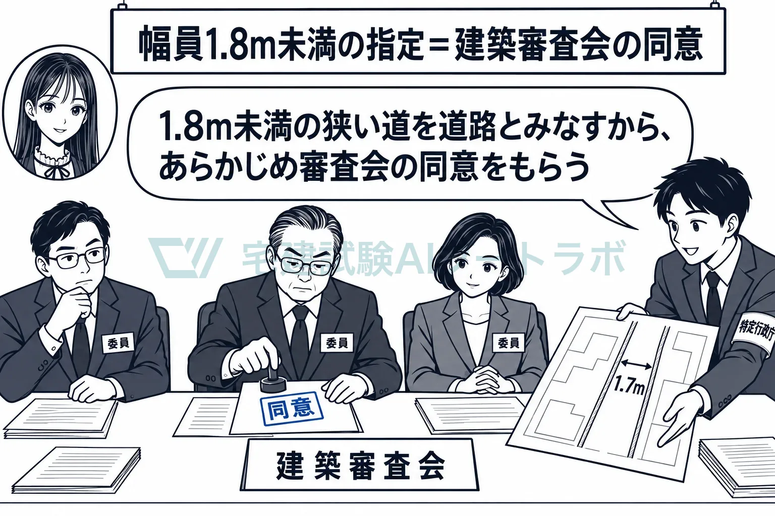 幅員1.8m未満の道を指定するなら、あらかじめ建築審査会の同意。