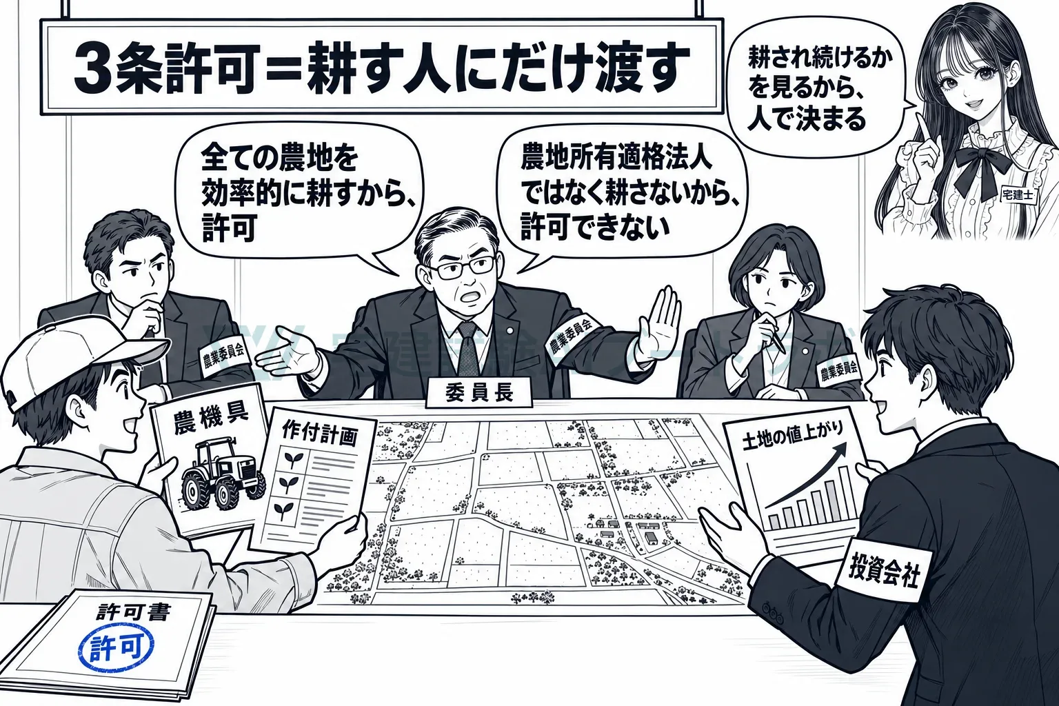 耕し続ける人には許可、耕さない会社には不許可。