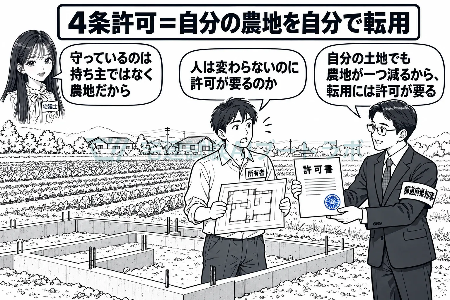 自分の畑に自分の家を建てるのも転用だから、知事等の許可。