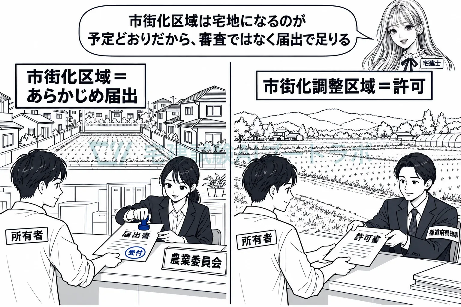 住宅街の中の畑は届出で足り、調整区域の畑は許可が要る。