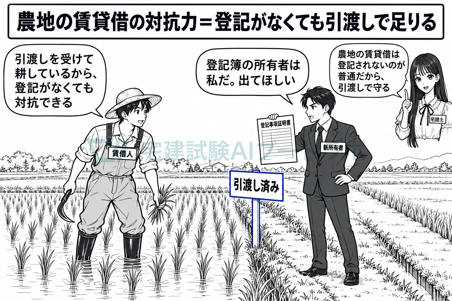 引渡しを受けて耕していれば、登記がなくても新しい地主に対抗できる。