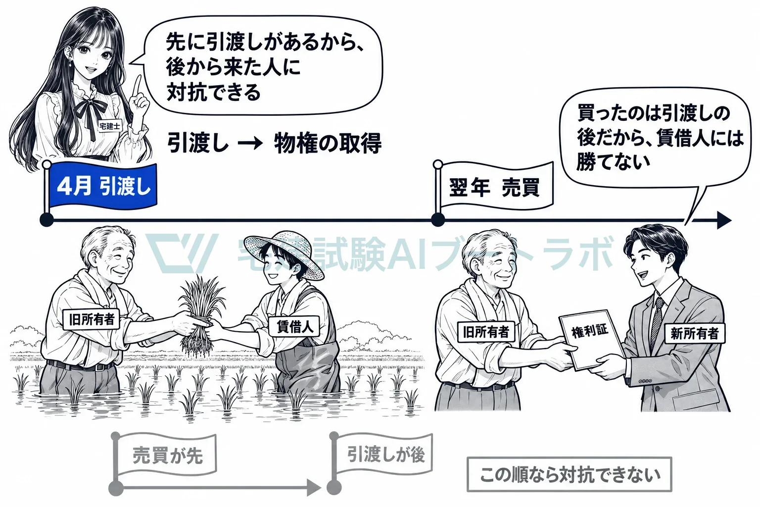 引渡しが先、売買が後。この順番なら新所有者に対抗できる。