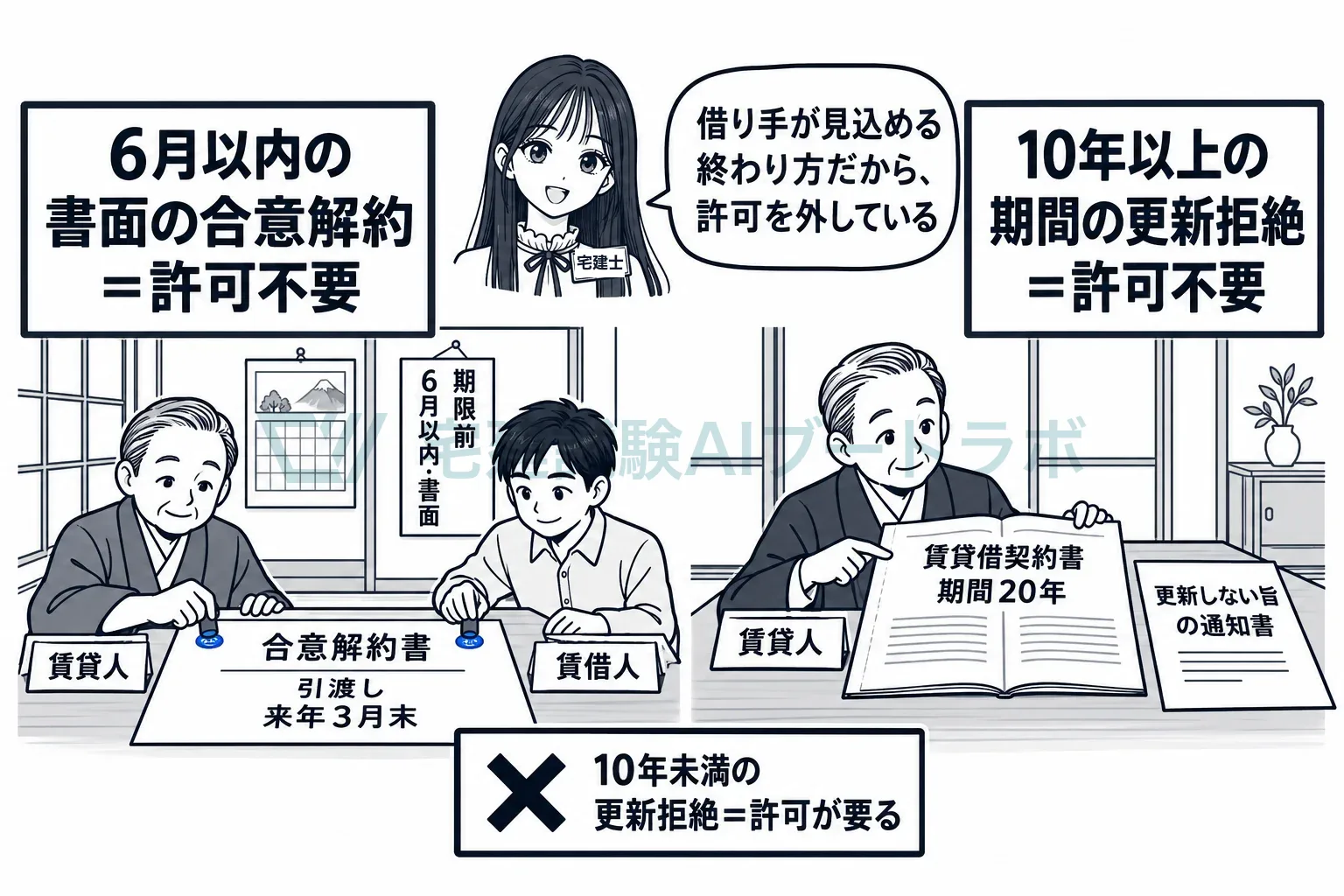 引渡しの期限まで6月以内の書面の合意と、10年以上の契約の満了は、許可なしで終わらせられる。