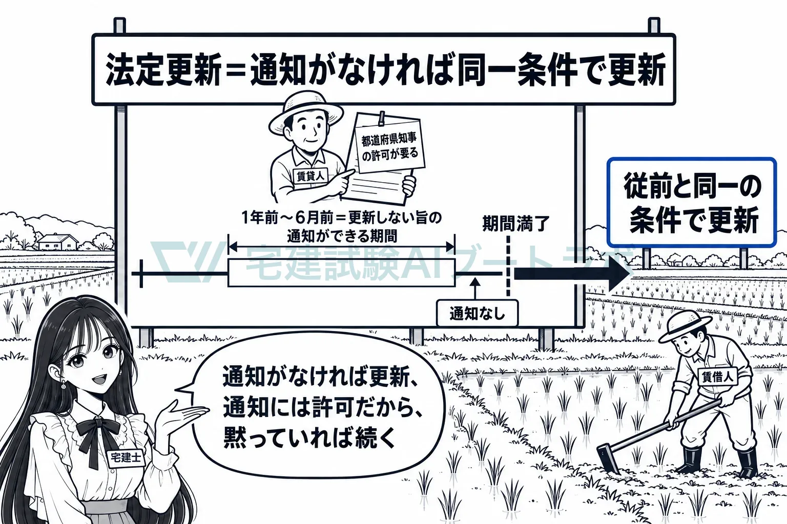 満了前に通知がなければ同じ条件で続く。通知するにも知事の許可。