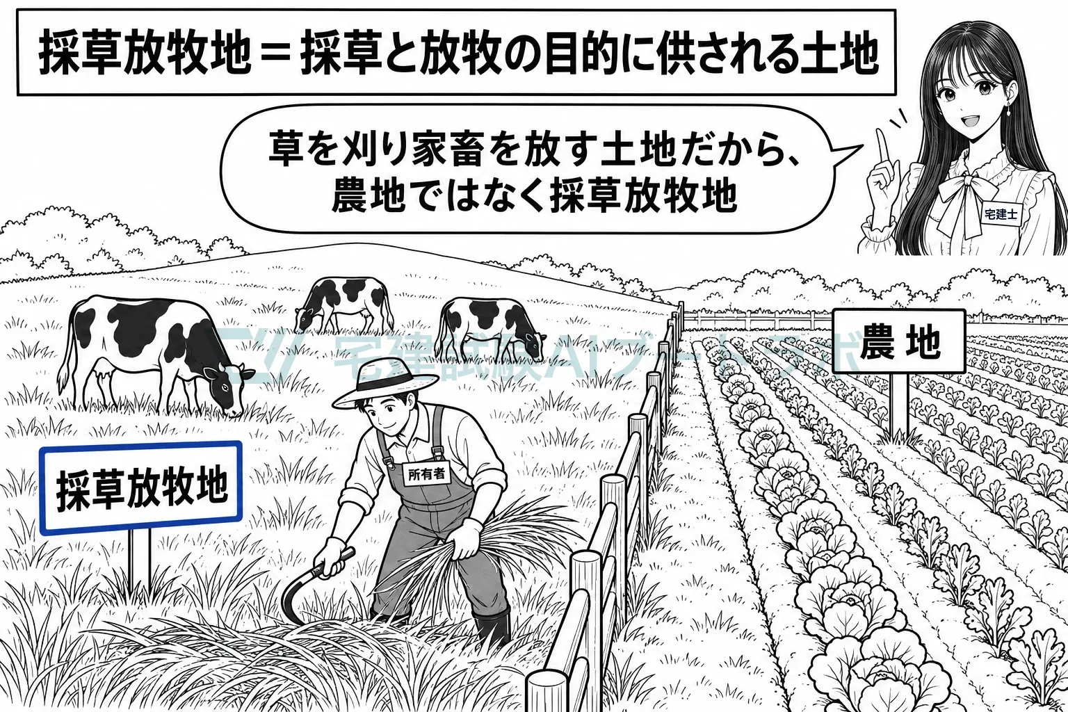 牛を放し、えさの草を刈る土地が採草放牧地。畑は農地。