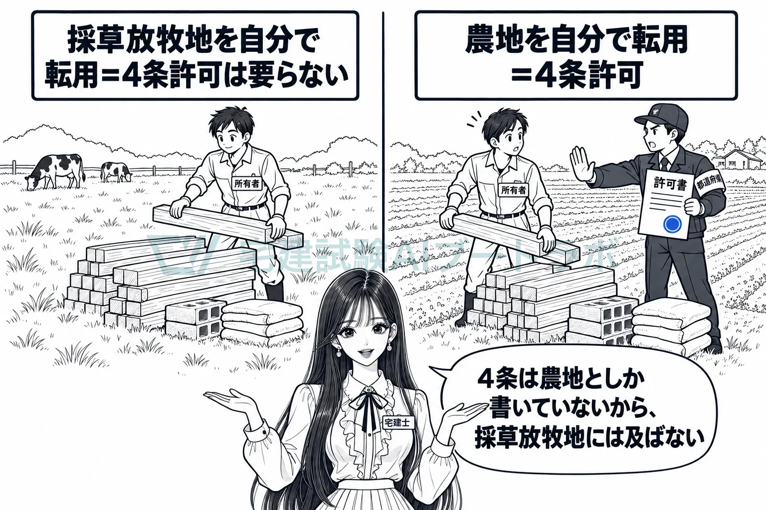 自分の草地を資材置場にしても4条は要らないが、畑なら要る。