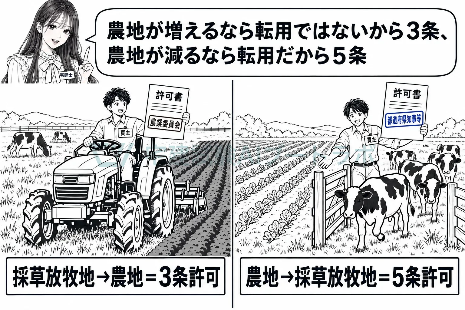 草地を畑にするために買うなら農業委員会、畑を草地にするなら知事等。