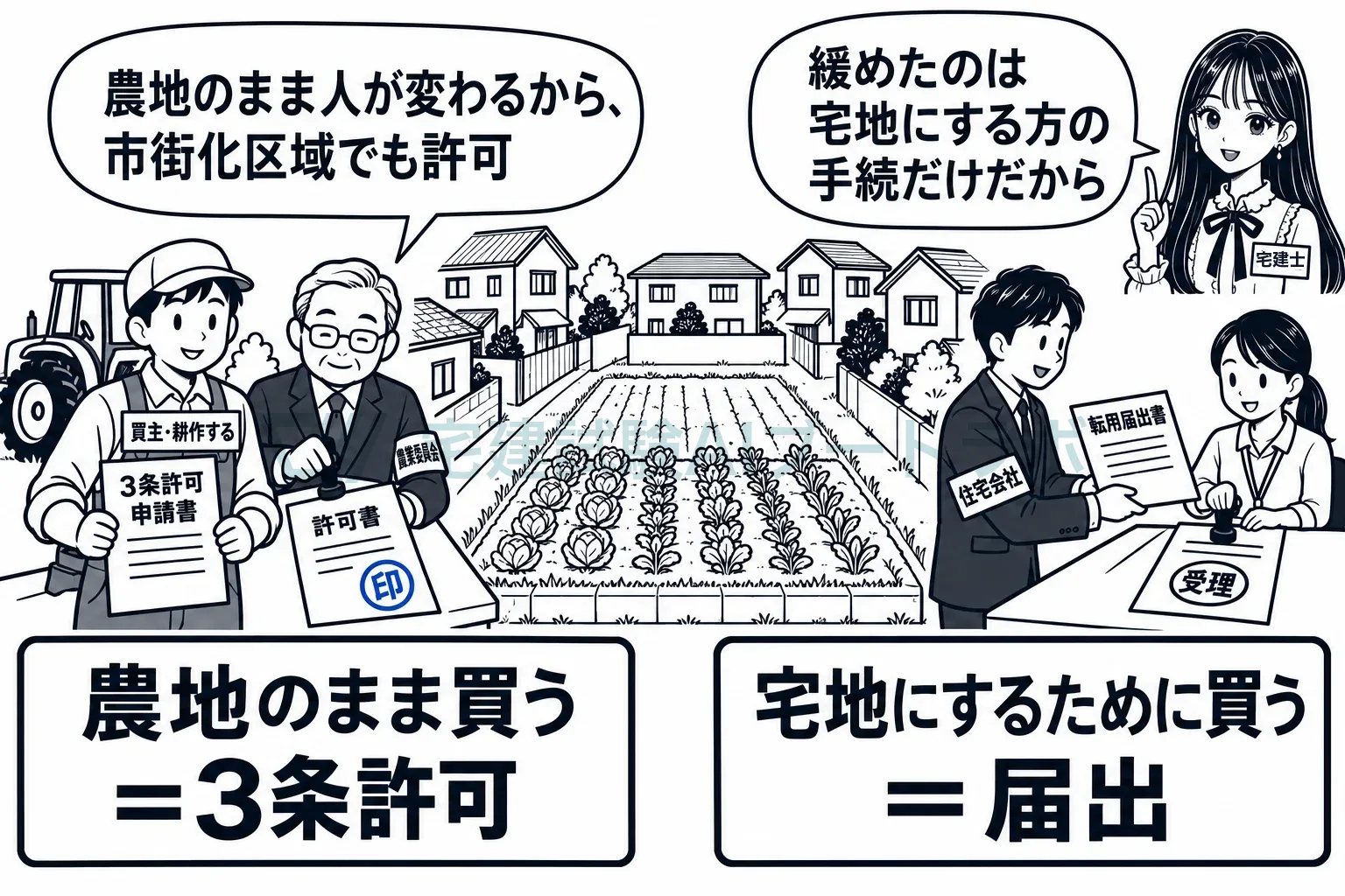 同じ畑でも、耕すために買うなら3条の許可、家を建てるために買うなら届出。