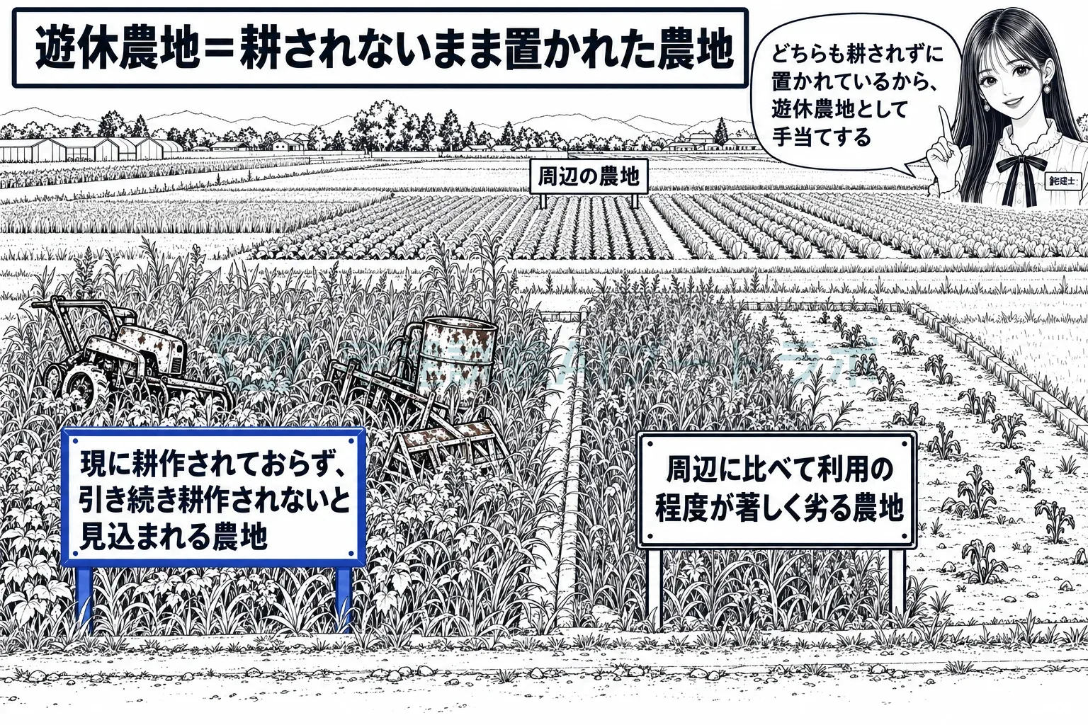 耕されないまま置かれた農地と、周りに比べて著しく利用の劣る農地。どちらも遊休農地。