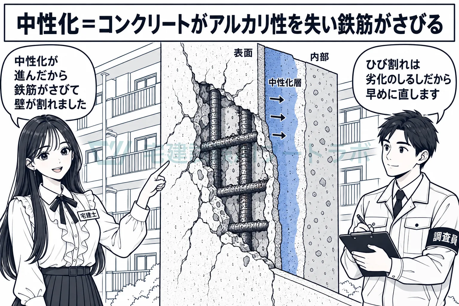 中性化が進むと鉄筋がさびるから、かぶり厚さで鉄筋を守る。