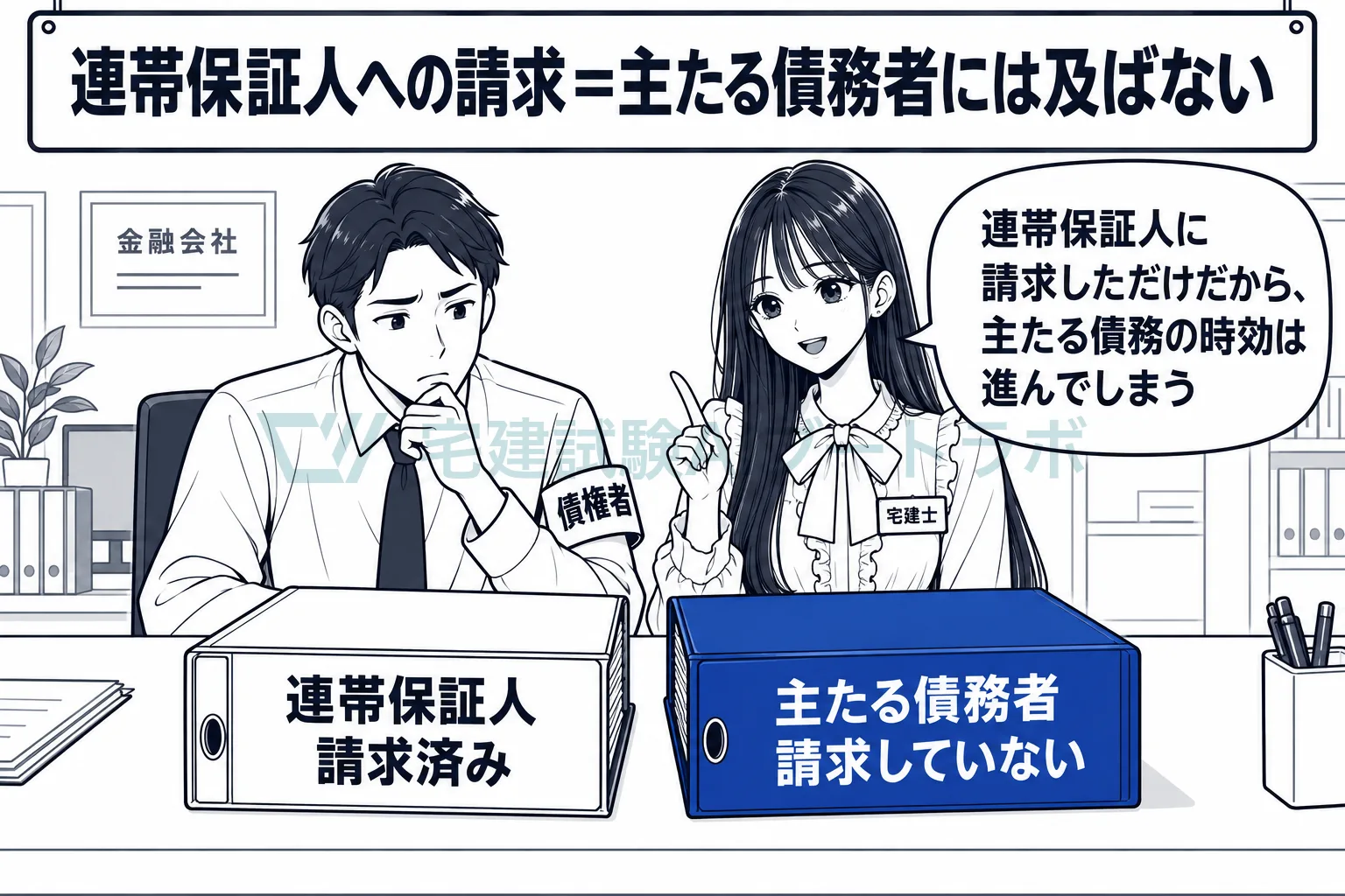 連帯保証人に請求しても、主たる債務者の時効は止まらない。
