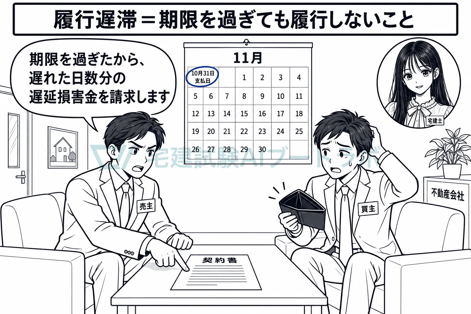 期限を過ぎても履行しなければ履行遅滞で、遅れた分の損害を賠償する。
