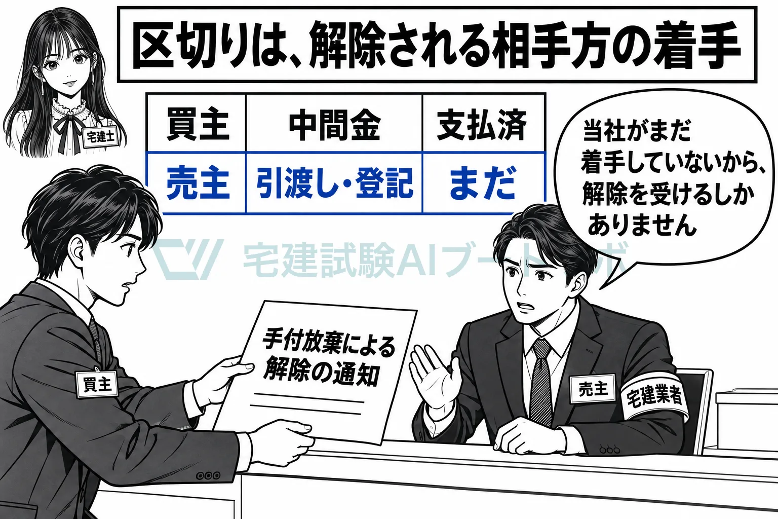 見るのは解除される側の着手で、売主が未着手なら買主は手付を放棄して解除できる。
