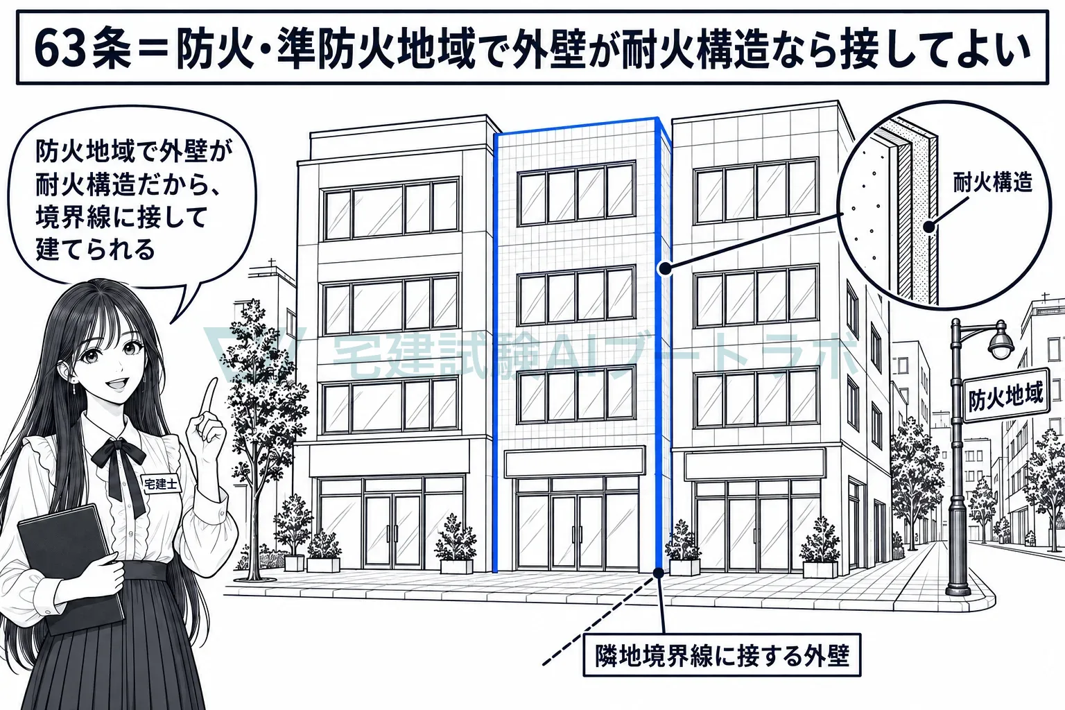 防火地域で外壁が耐火構造なら、隣との境界線に接して建てられる。