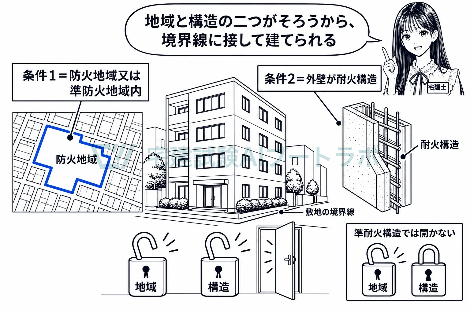 防火地域か準防火地域の中で、外壁が耐火構造。二つそろって初めて接して建てられる。