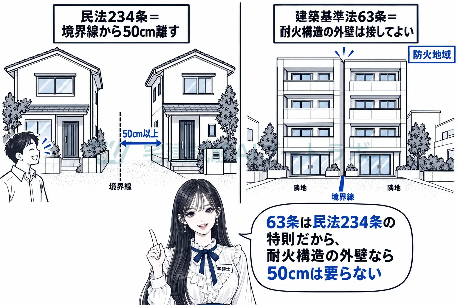住宅地では民法の50センチメートル、防火地域の耐火構造の外壁なら建築基準法で接してよい。