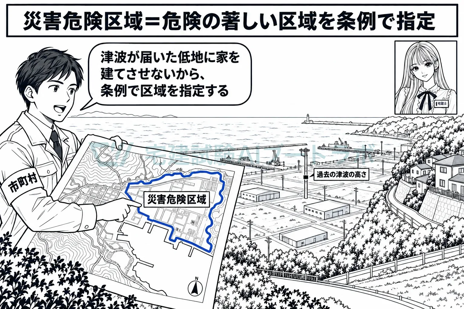 津波や出水の危険が著しい土地を、条例で災害危険区域に指定する。