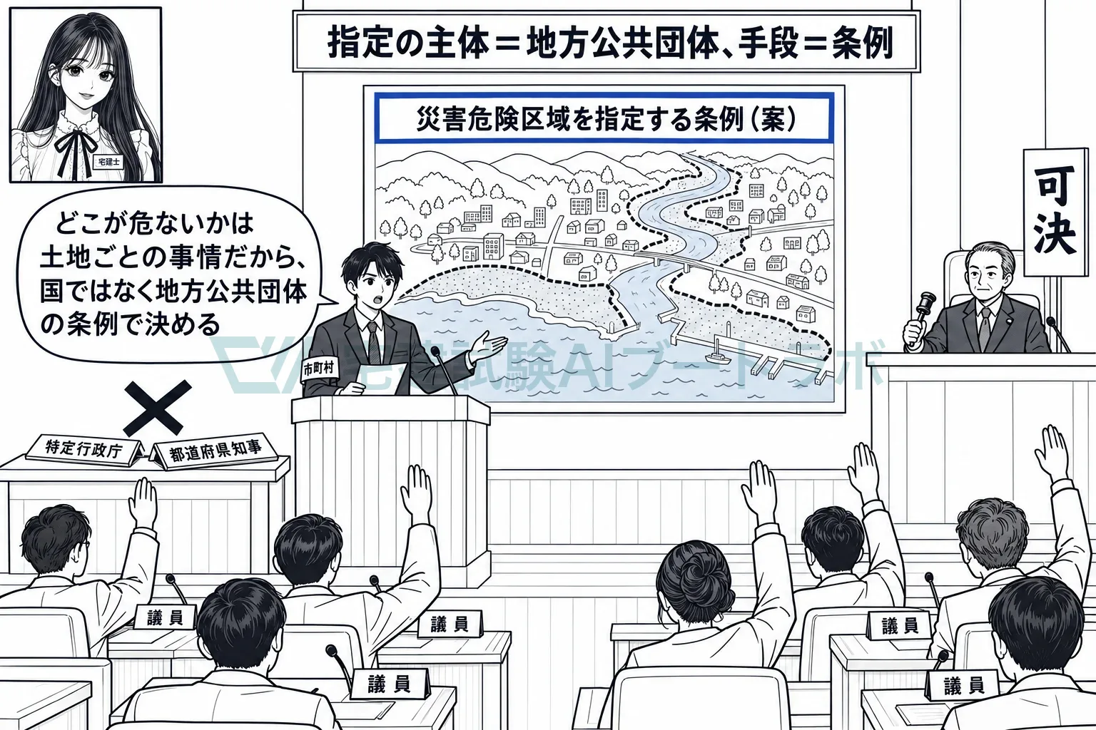 どこが危ないかは土地ごとの事情だから、議会の条例で指定する。