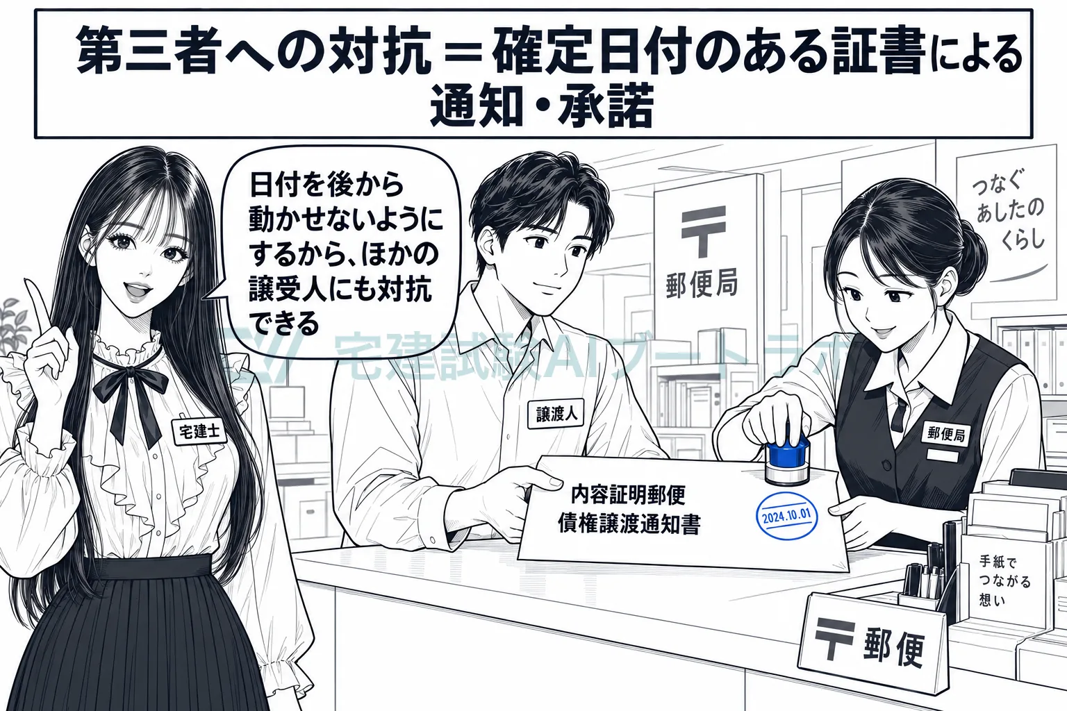 ほかの譲受人や差押債権者に対抗するには、確定日付のある証書による通知・承諾が要る。