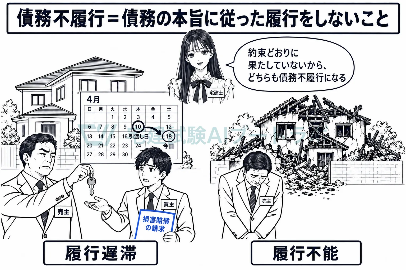 約束どおりに履行しないのが債務不履行で、遅れる場合と、できなくなる場合がある。