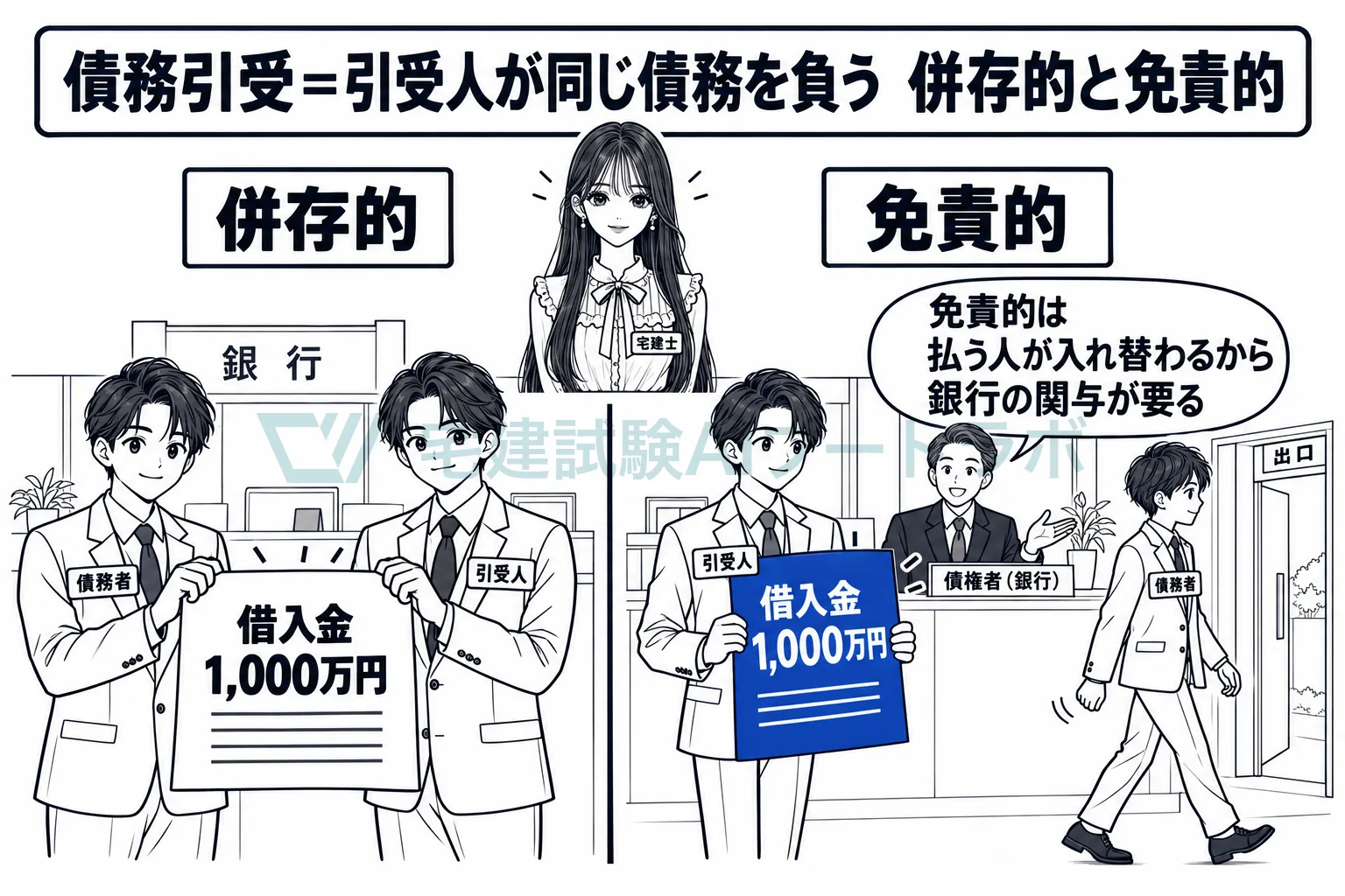 併存的は債務者が残り、免責的は債務者が抜ける。