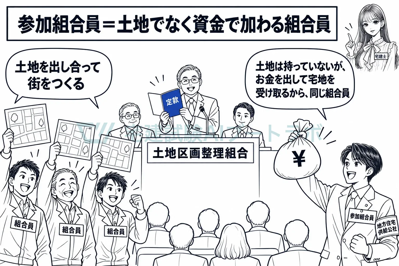 地主は土地を出し、参加組合員はお金を出して、同じ組合の組合員になる。