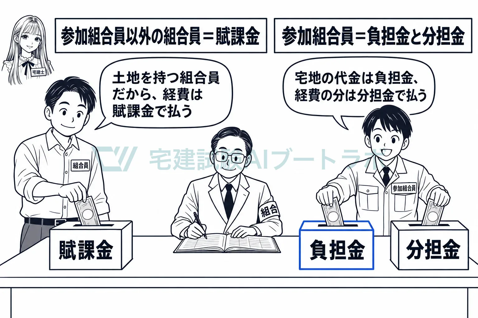 地主は賦課金、参加組合員は負担金と分担金を納める。