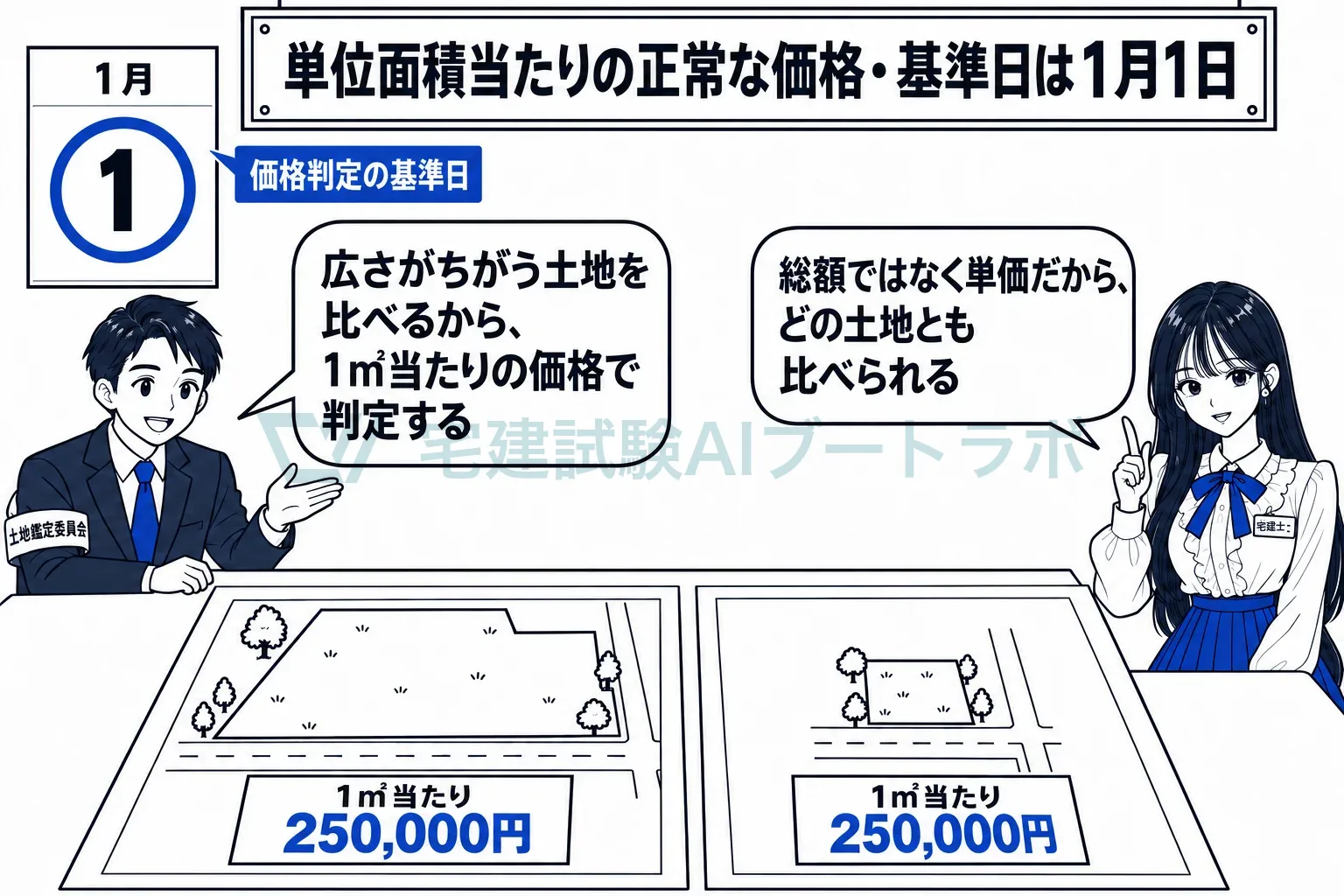 広さの違う土地を比べるには単価でそろえるから、1平方メートル当たりで判定する。