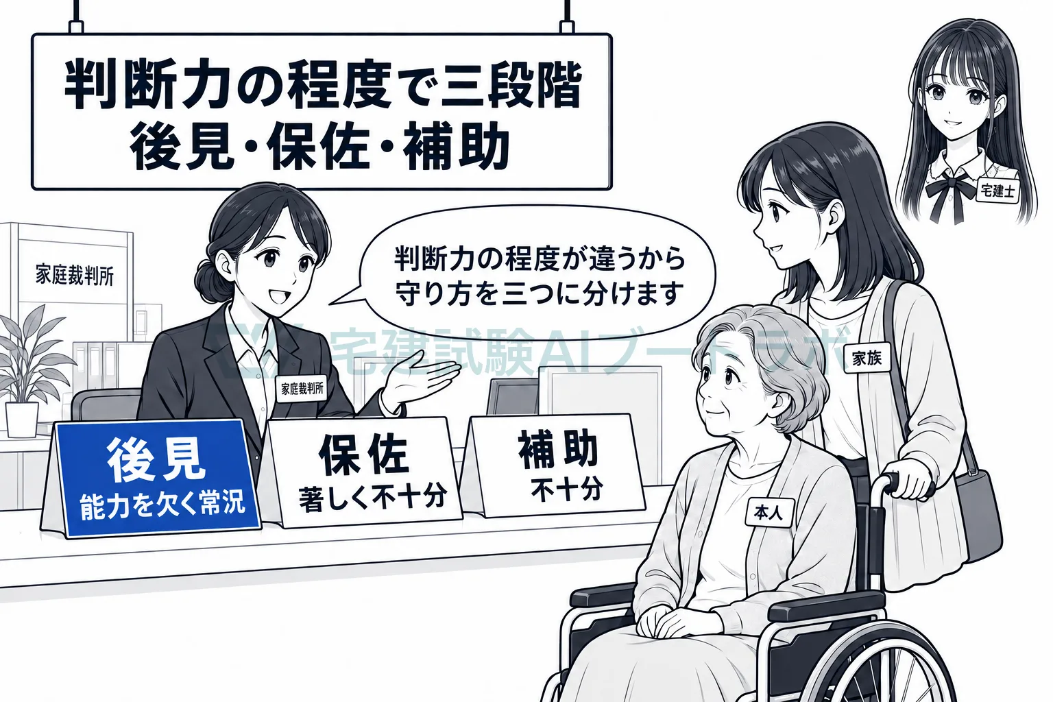 判断力の程度に応じて、後見・保佐・補助の三段階で守る。