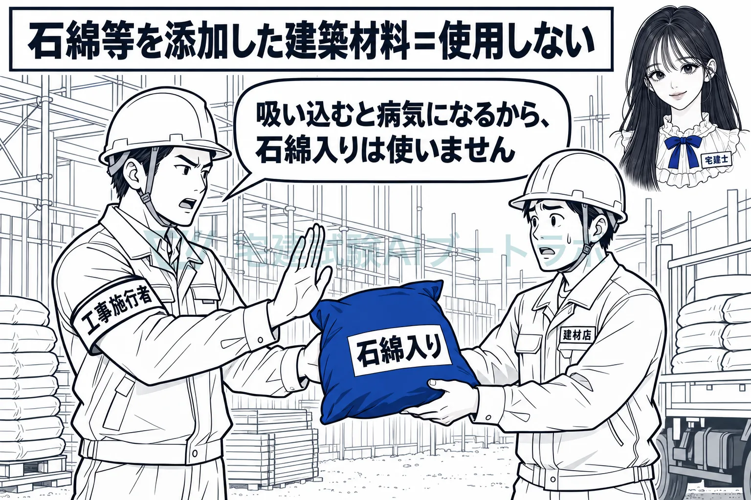 石綿を添加した建築材料は、現場に入れない。