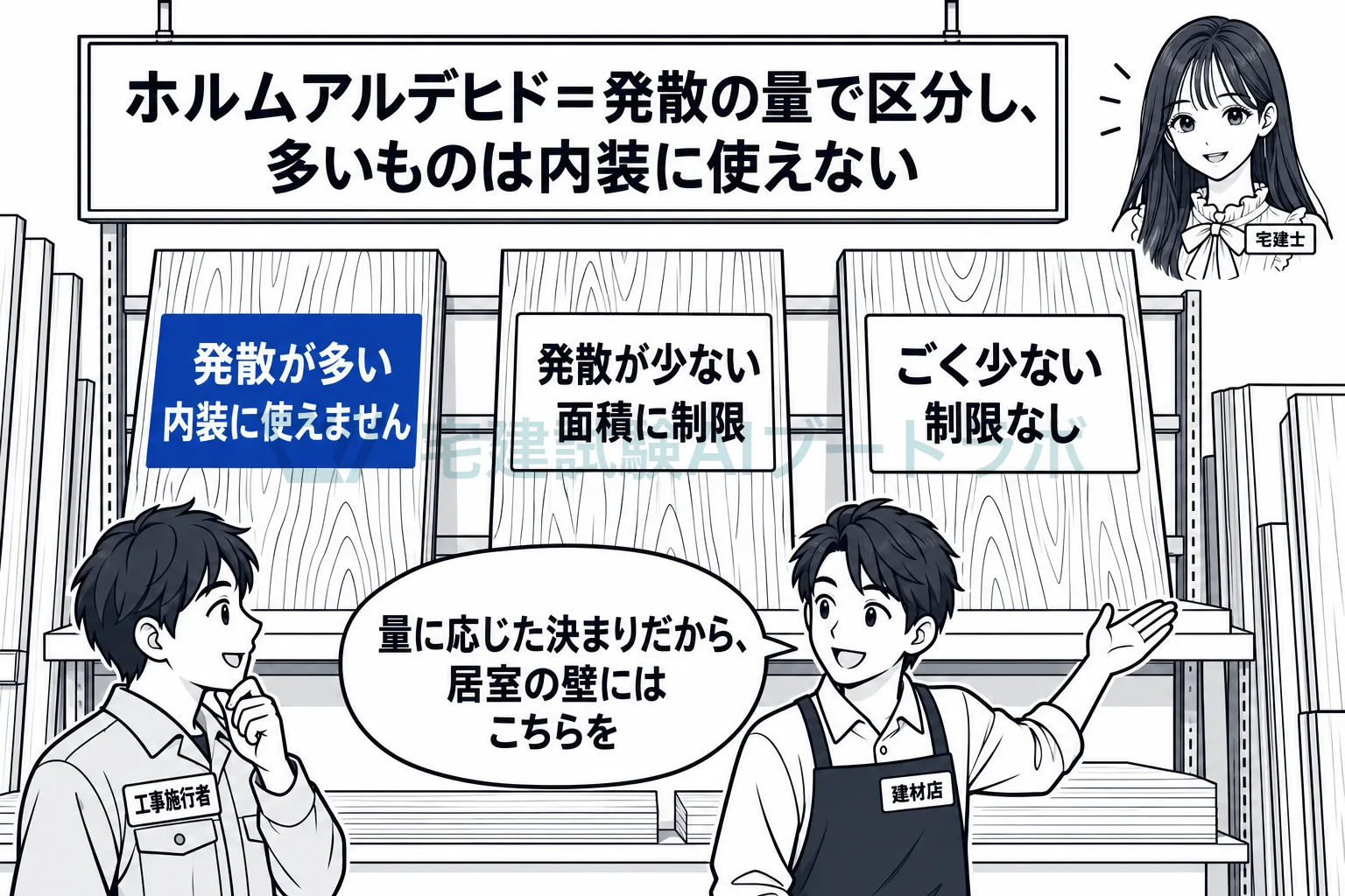 発散の多い板は居室の内装に使えず、少ない板は面積を限って使える。